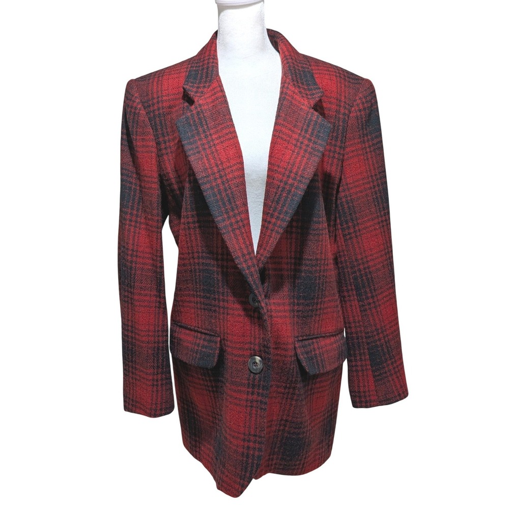 VTG Charter Club by Jane Justin Red Black Plaid 100% Wool Blazer Jacket 8